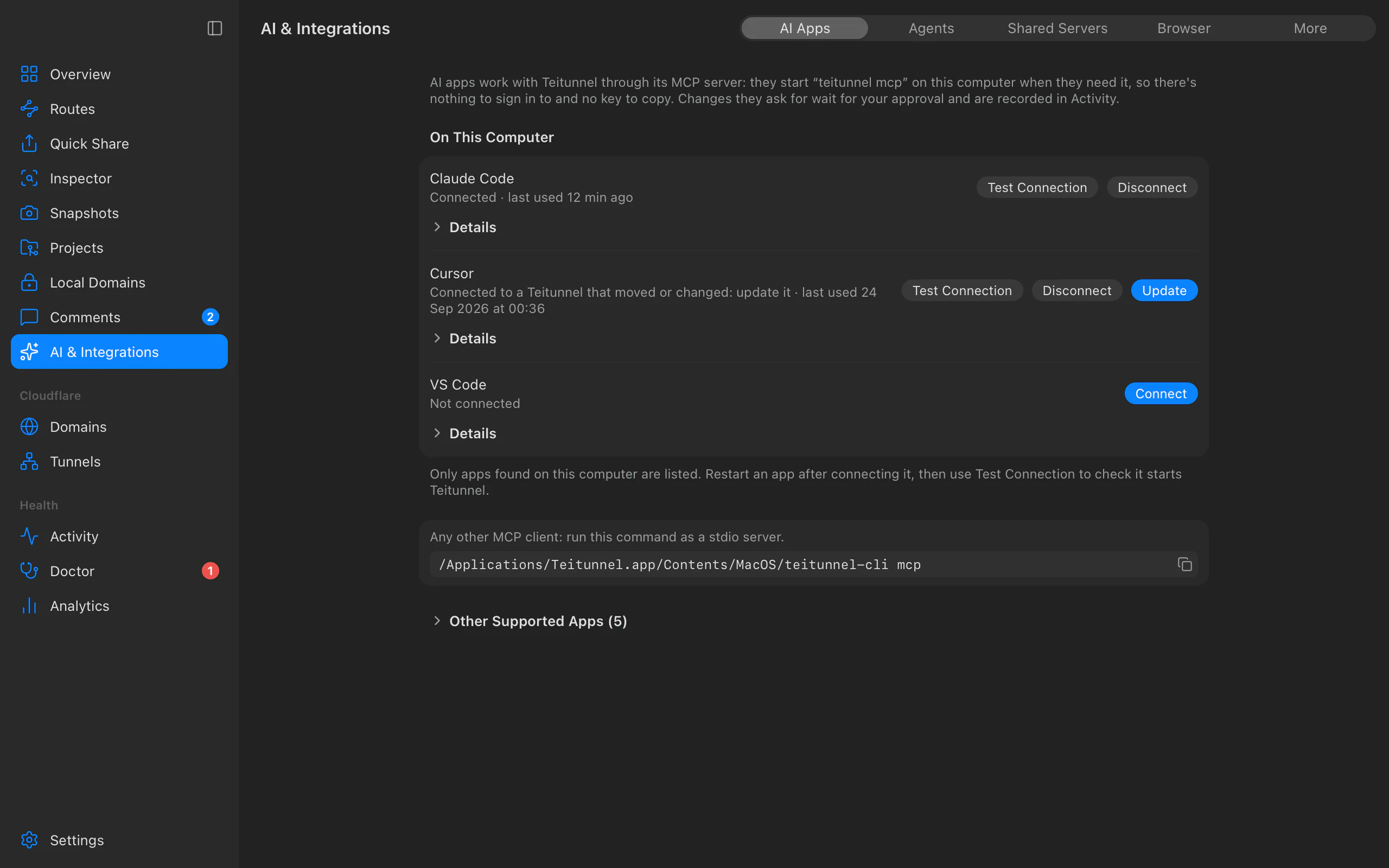 AI & Integrations, AI Apps: Claude Code connected and last used 12 minutes ago, Cursor asking to be updated, Connect for VS Code, and the command for other MCP clients