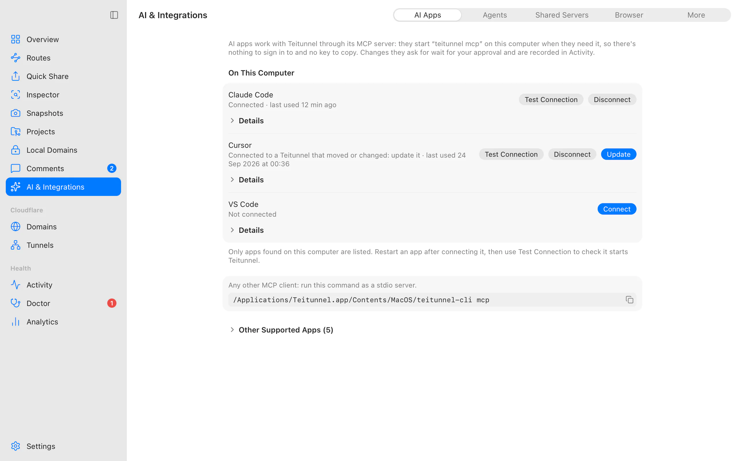 AI & Integrations, AI Apps: Claude Code connected and last used 12 minutes ago, Cursor asking to be updated, Connect for VS Code, and the command for other MCP clients
