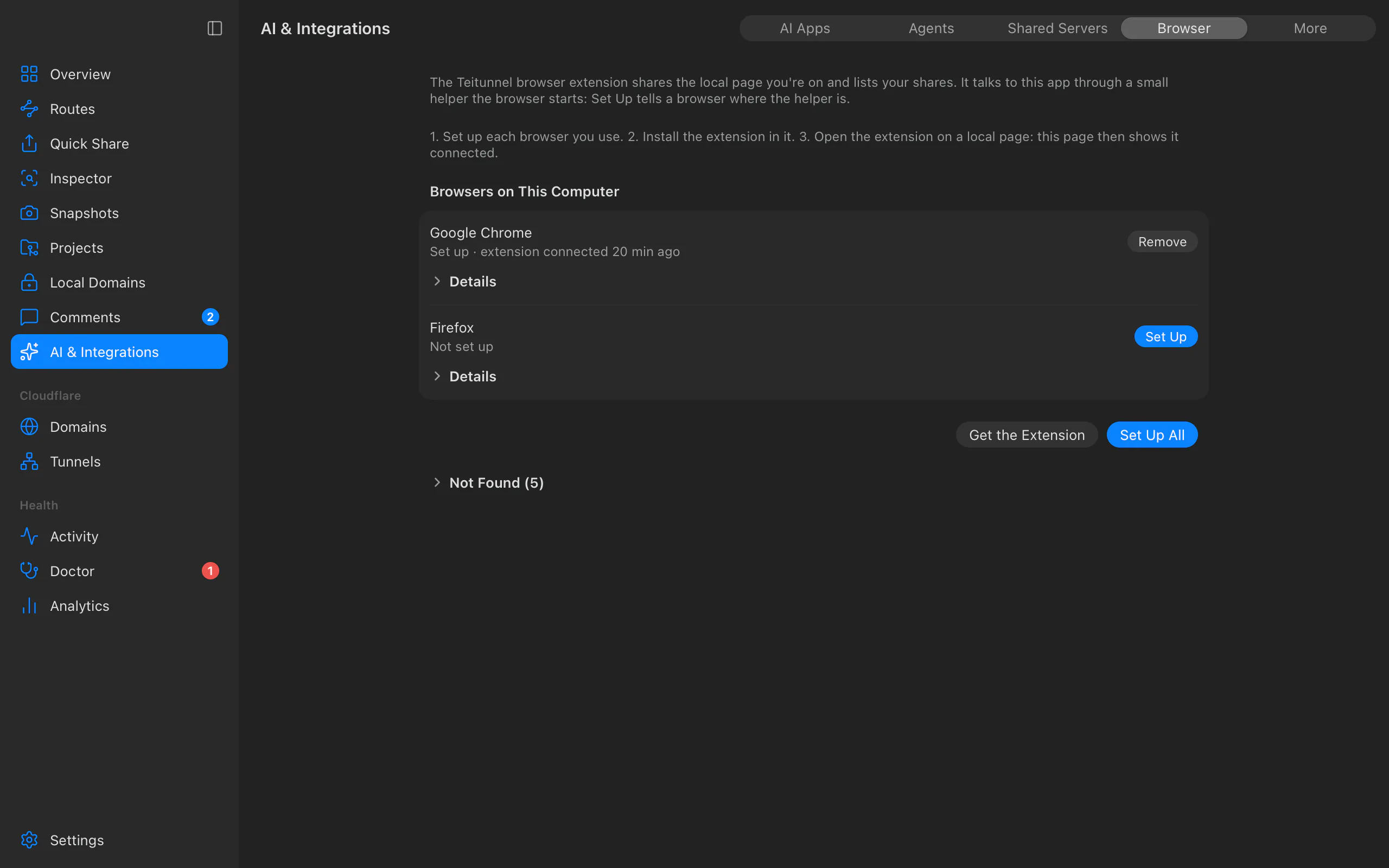 AI & Integrations, Browser: Google Chrome set up with the extension connected 20 minutes ago, Firefox not set up yet, Get the Extension and Set Up All