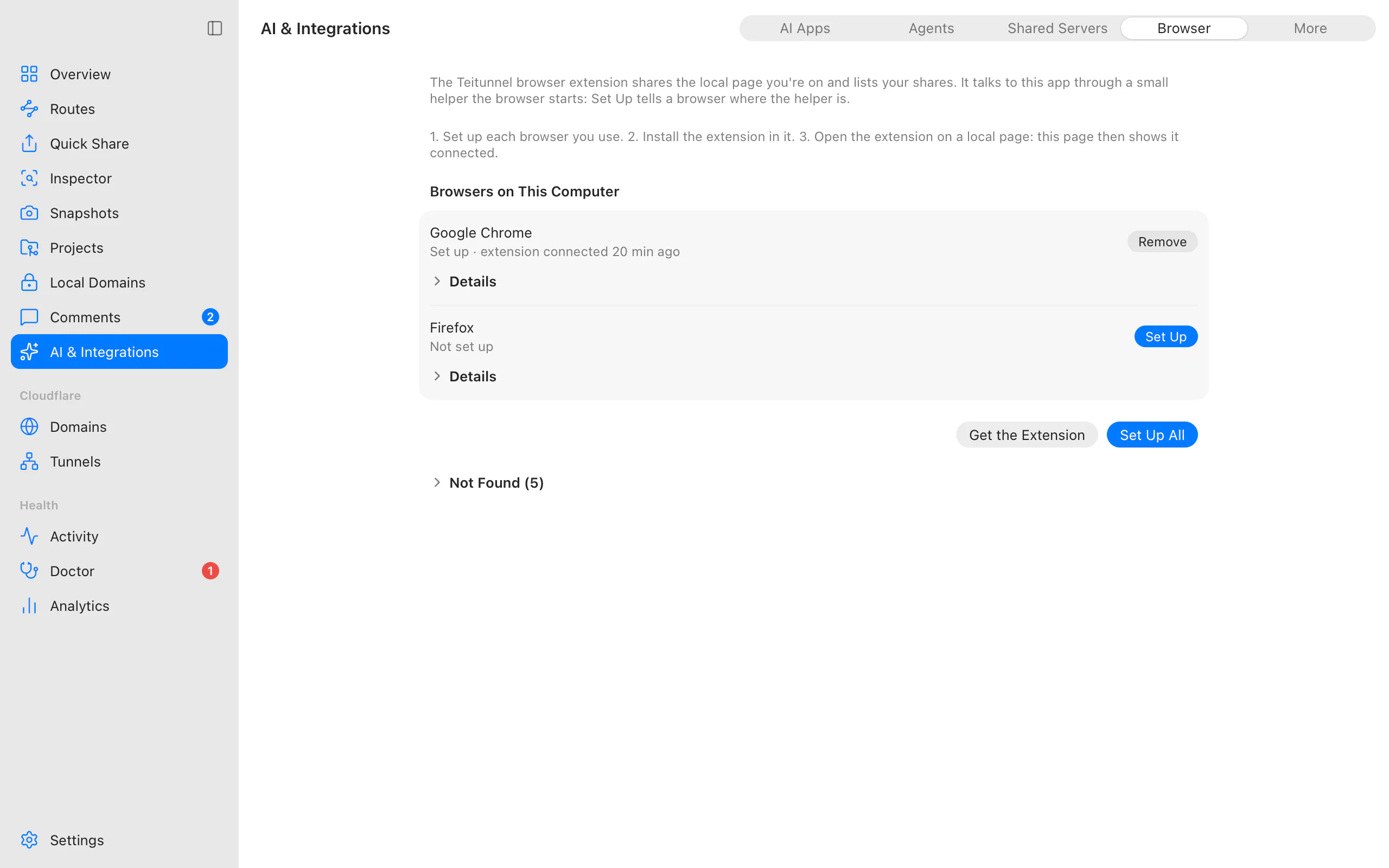 AI & Integrations, Browser: Google Chrome set up with the extension connected 20 minutes ago, Firefox not set up yet, Get the Extension and Set Up All