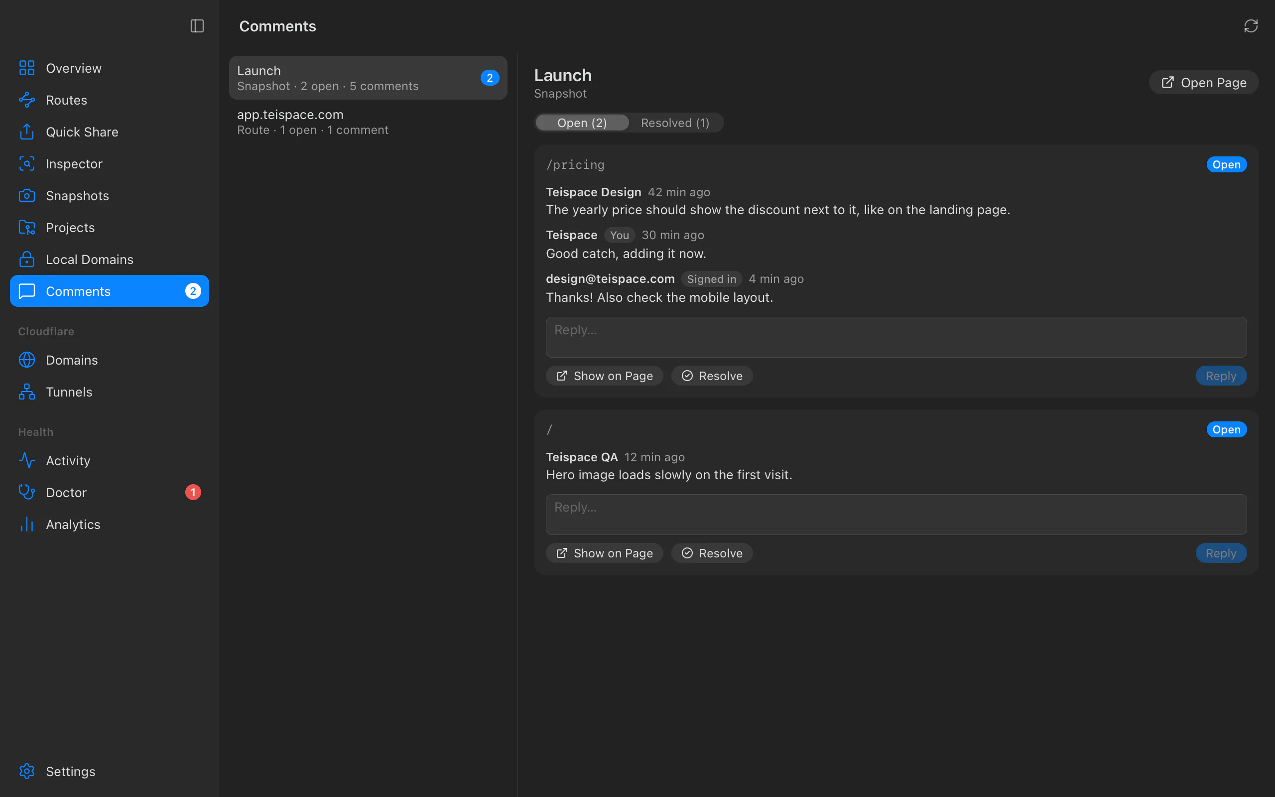 Comments: open threads on a Snapshot's /pricing and home pages, with replies, Show on Page and Resolve
