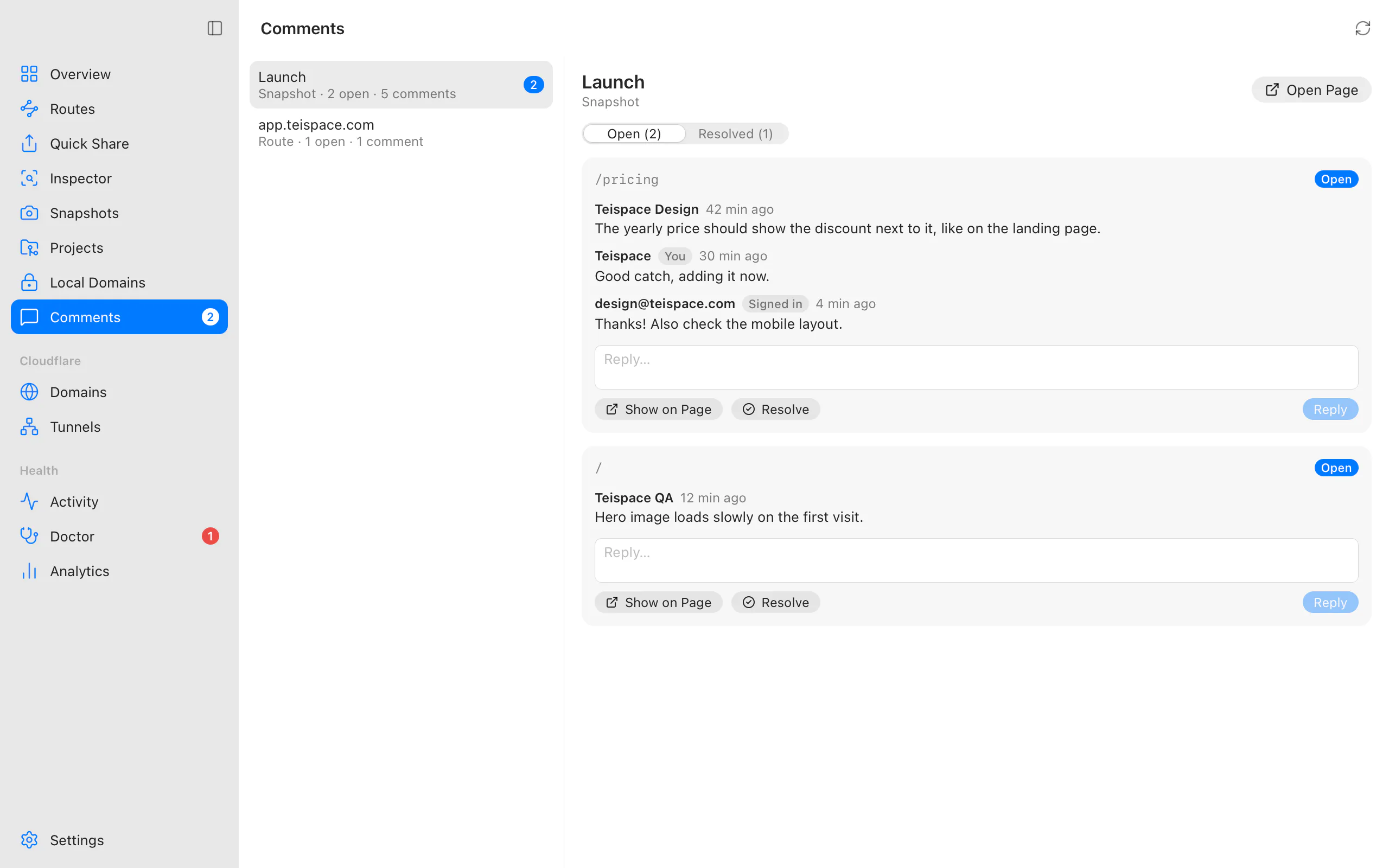 Comments: open threads on a Snapshot's /pricing and home pages, with replies, Show on Page and Resolve