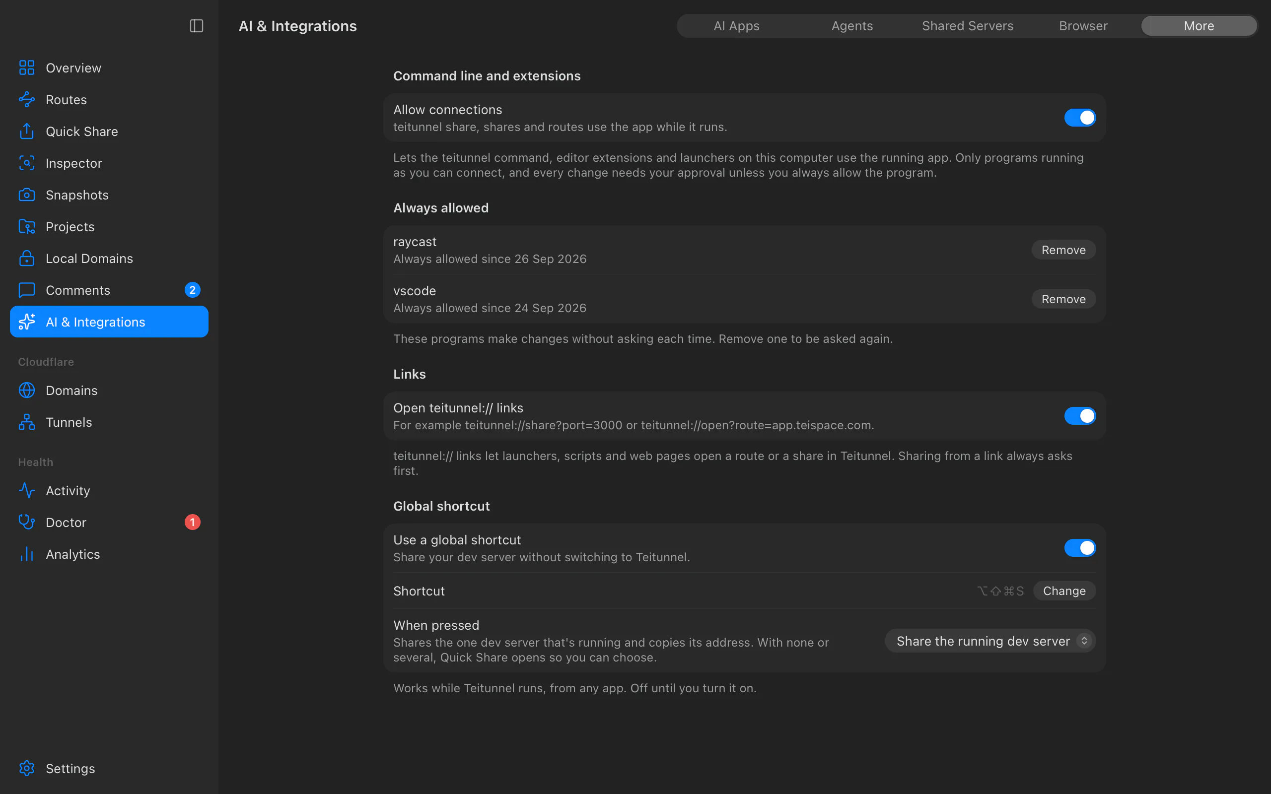 AI & Integrations, More: Allow connections for the teitunnel command, editor extensions and launchers, programs that are always allowed, teitunnel links and the global shortcut