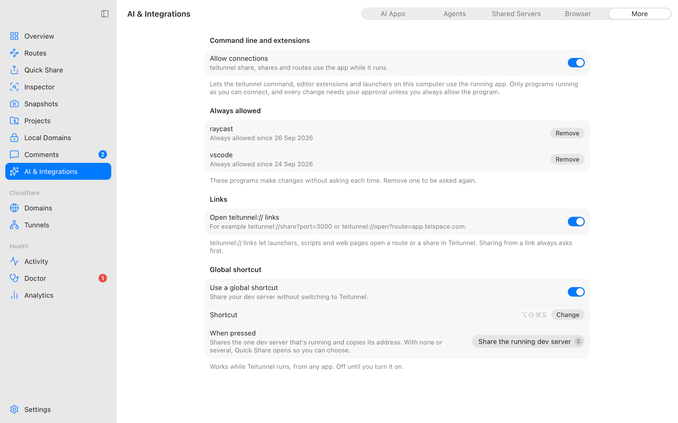 AI & Integrations, More: Allow connections for the teitunnel command, editor extensions and launchers, programs that are always allowed, teitunnel links and the global shortcut