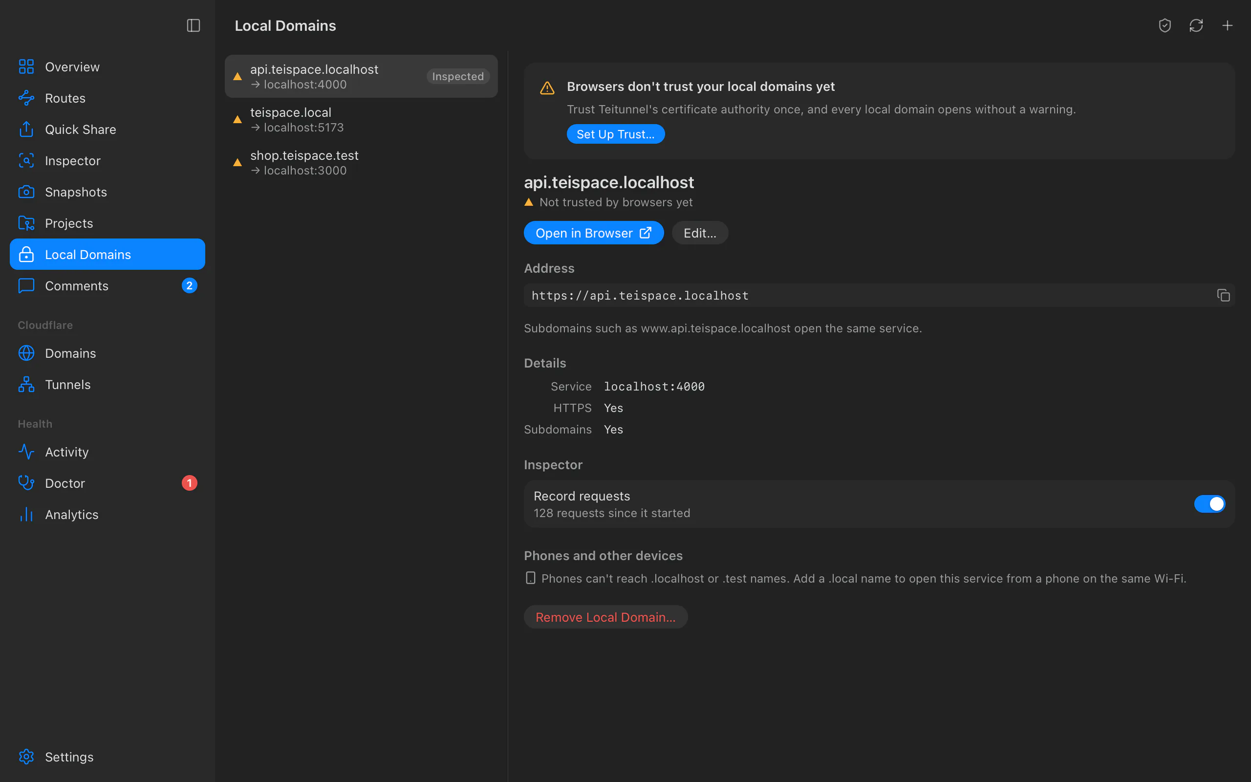 Local Domains: api.teispace.localhost, teispace.local and shop.teispace.test with their ports, a prompt to trust the certificate authority, and inspection on