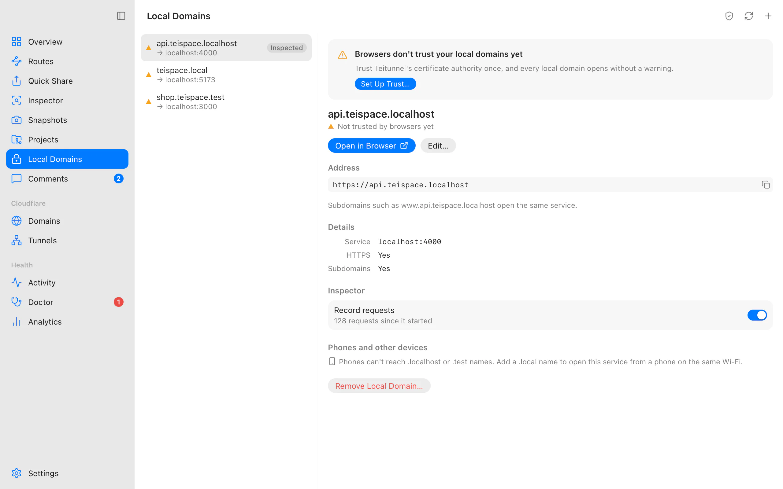 Local Domains: api.teispace.localhost, teispace.local and shop.teispace.test with their ports, a prompt to trust the certificate authority, and inspection on
