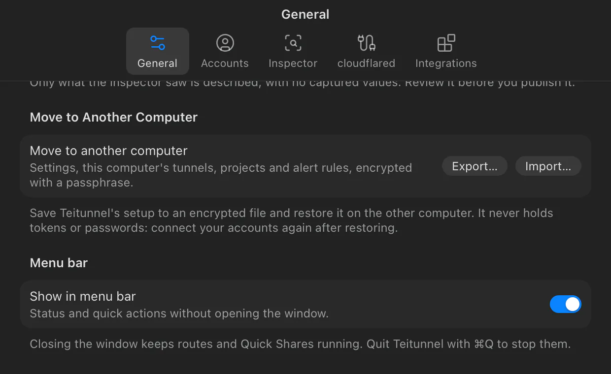 Settings, General: Move to Another Computer with Export and Import