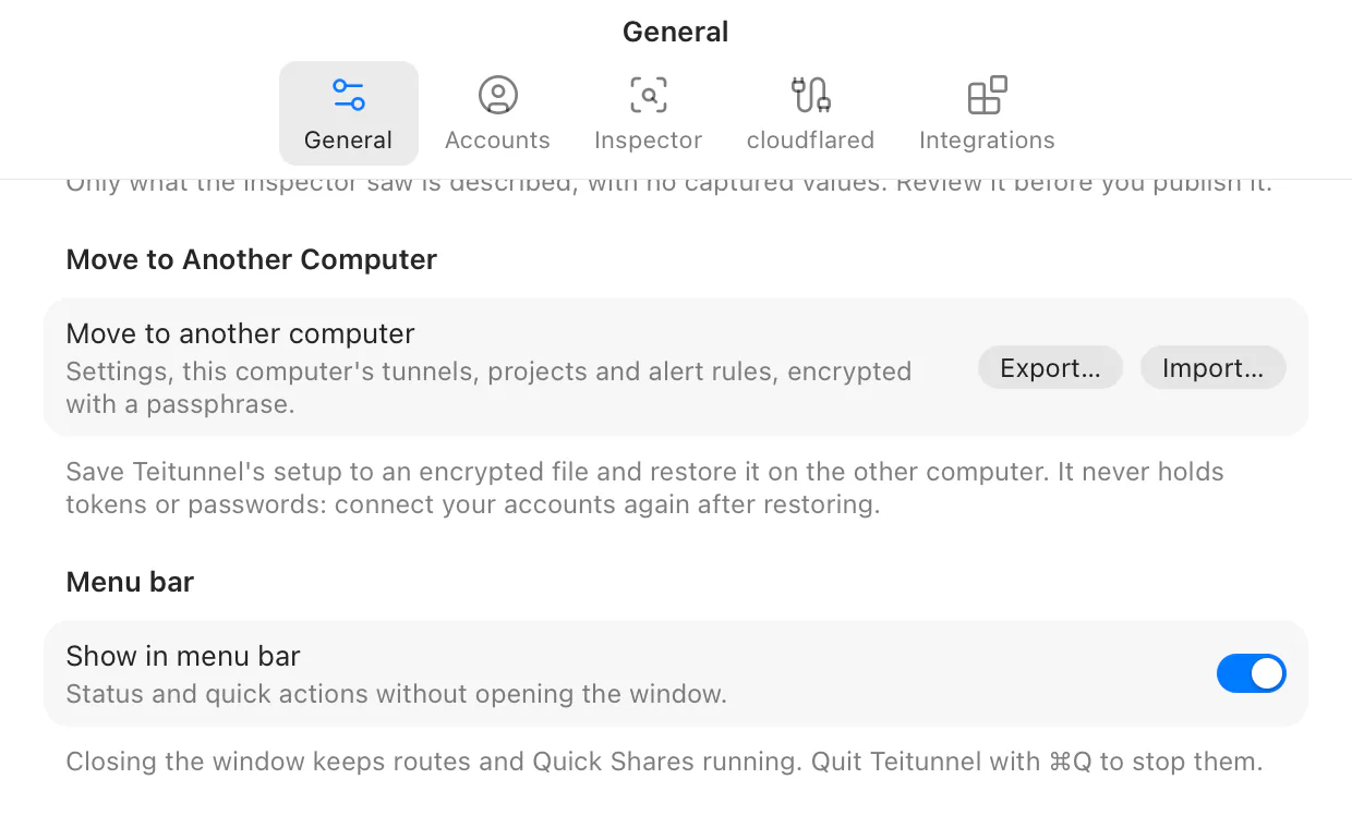 Settings, General: Move to Another Computer with Export and Import