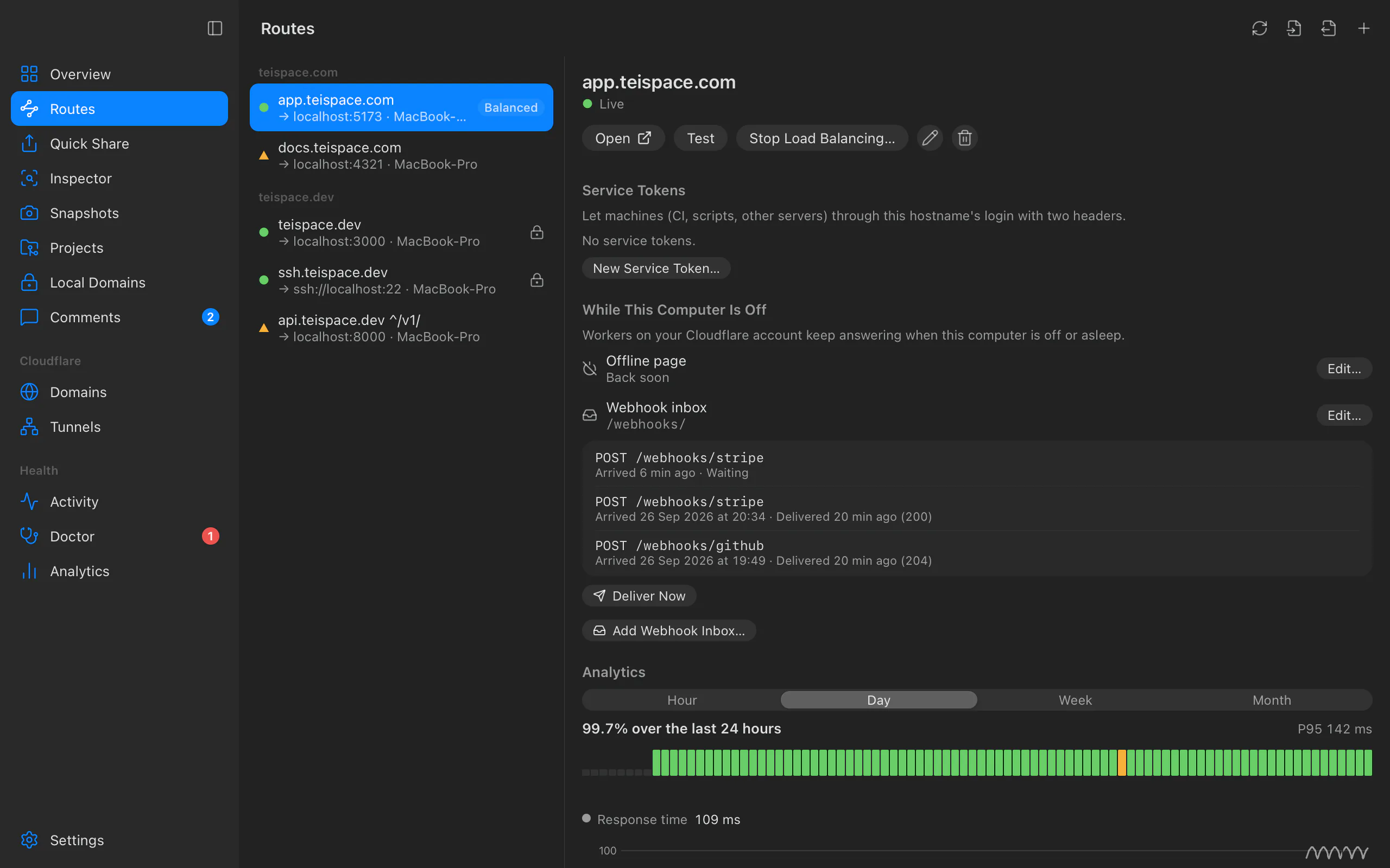 A route in Routes: While This Computer Is Off, with its offline page and webhook inbox