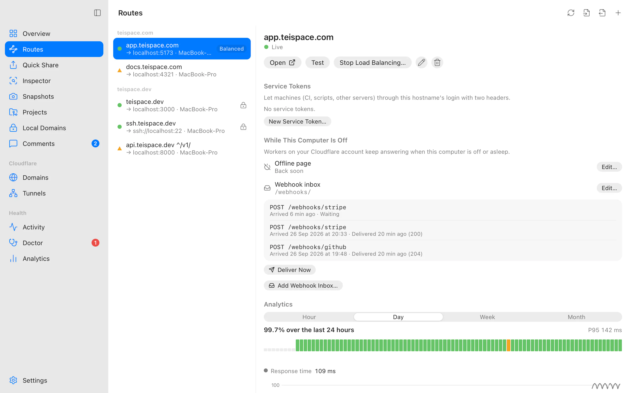 A route in Routes: While This Computer Is Off, with its offline page and webhook inbox
