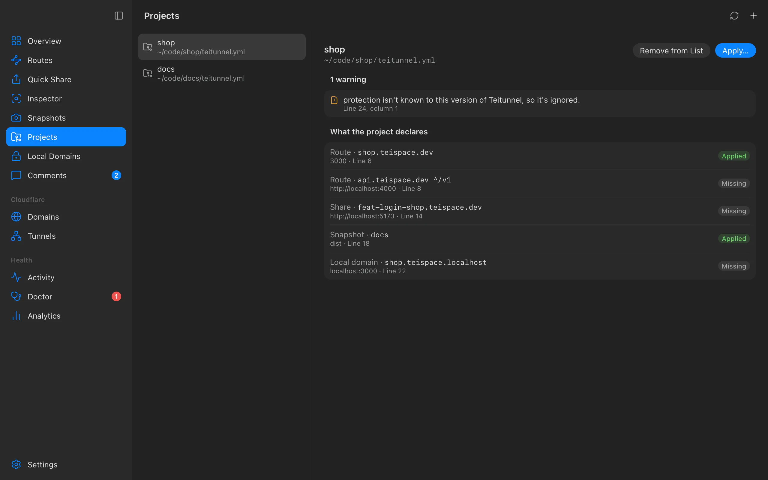 Projects: the shop project's teitunnel.yml with a warning and what it declares (routes, a share, a Snapshot and a local domain), each Applied or Missing, and Apply