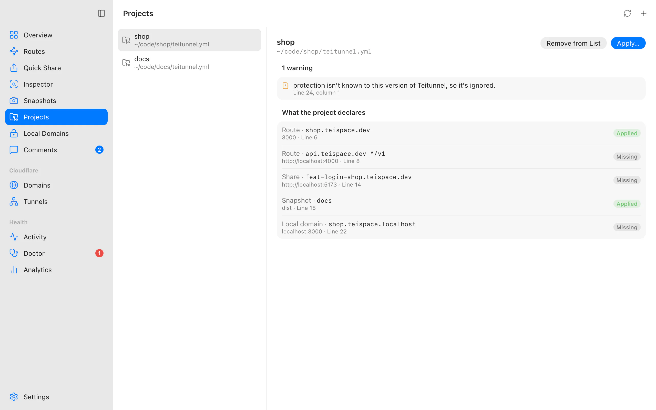 Projects: the shop project's teitunnel.yml with a warning and what it declares (routes, a share, a Snapshot and a local domain), each Applied or Missing, and Apply