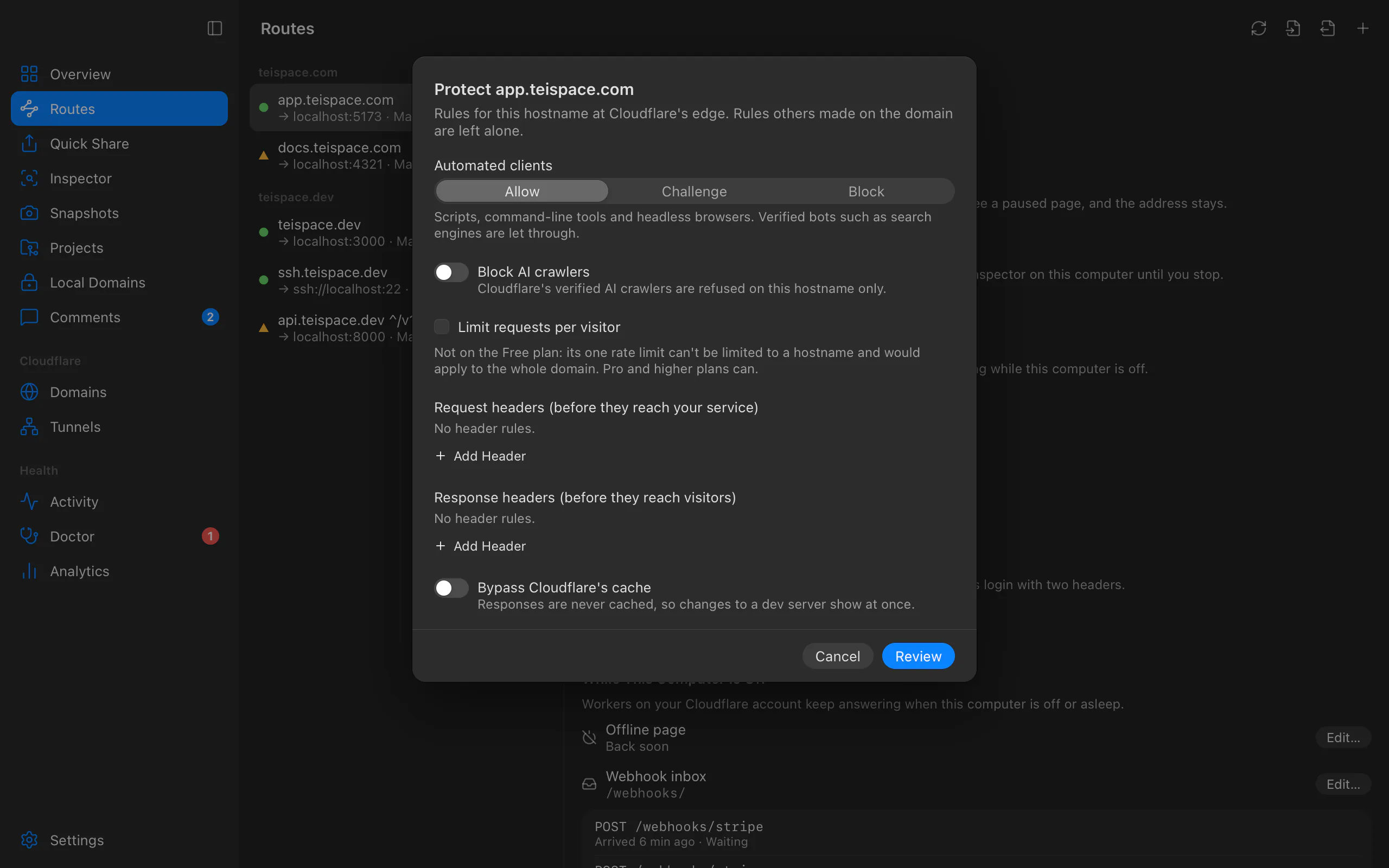 Protect app.teispace.com: automated clients Allow, Challenge or Block, Block AI crawlers, a rate limit (not on the Free plan), request and response header rules, and Bypass Cloudflare's cache