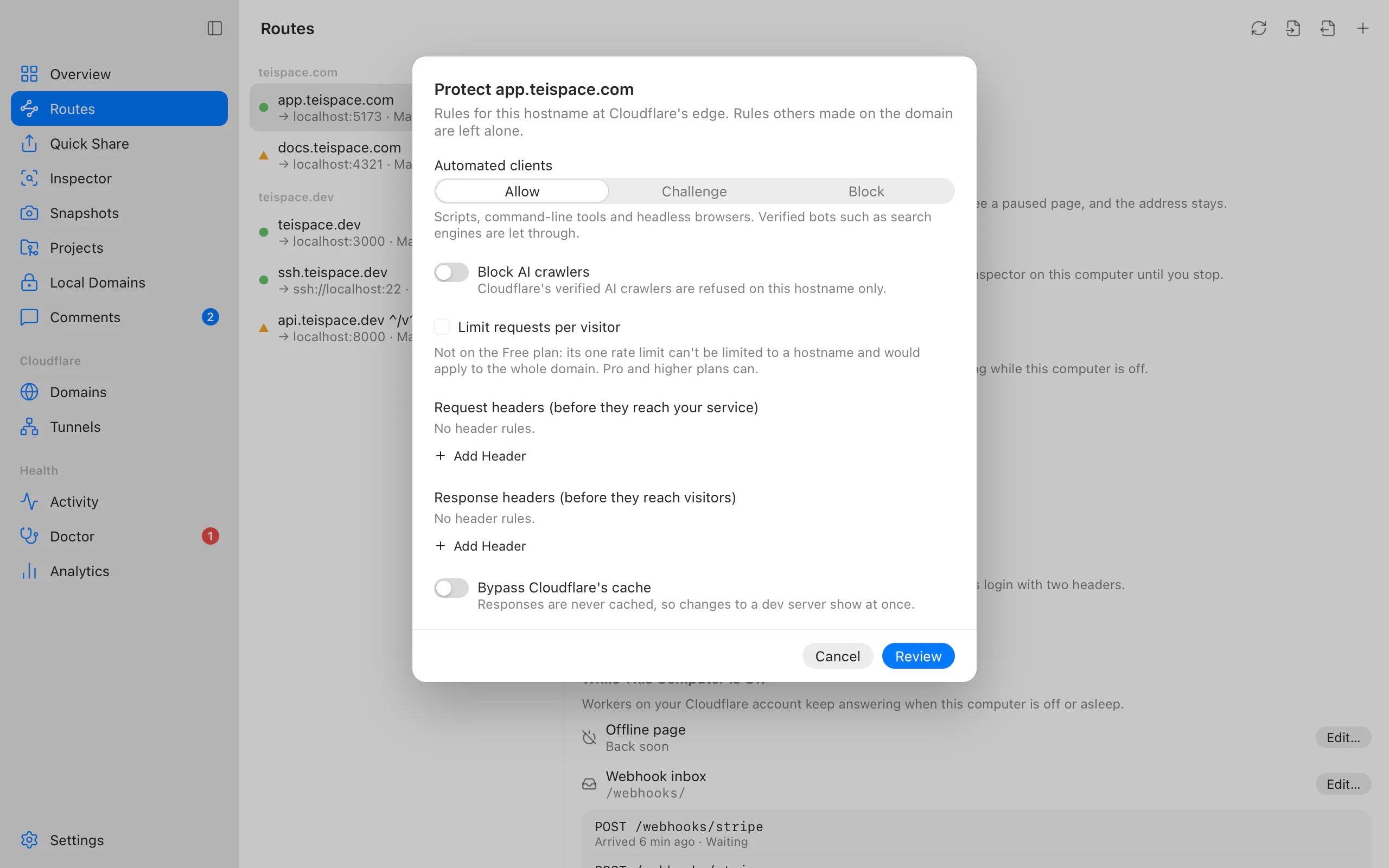 Protect app.teispace.com: automated clients Allow, Challenge or Block, Block AI crawlers, a rate limit (not on the Free plan), request and response header rules, and Bypass Cloudflare's cache