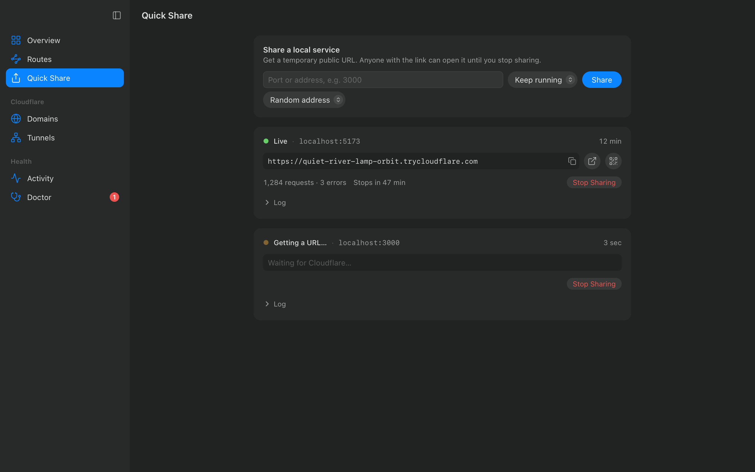 Quick Share with a live share and its URL