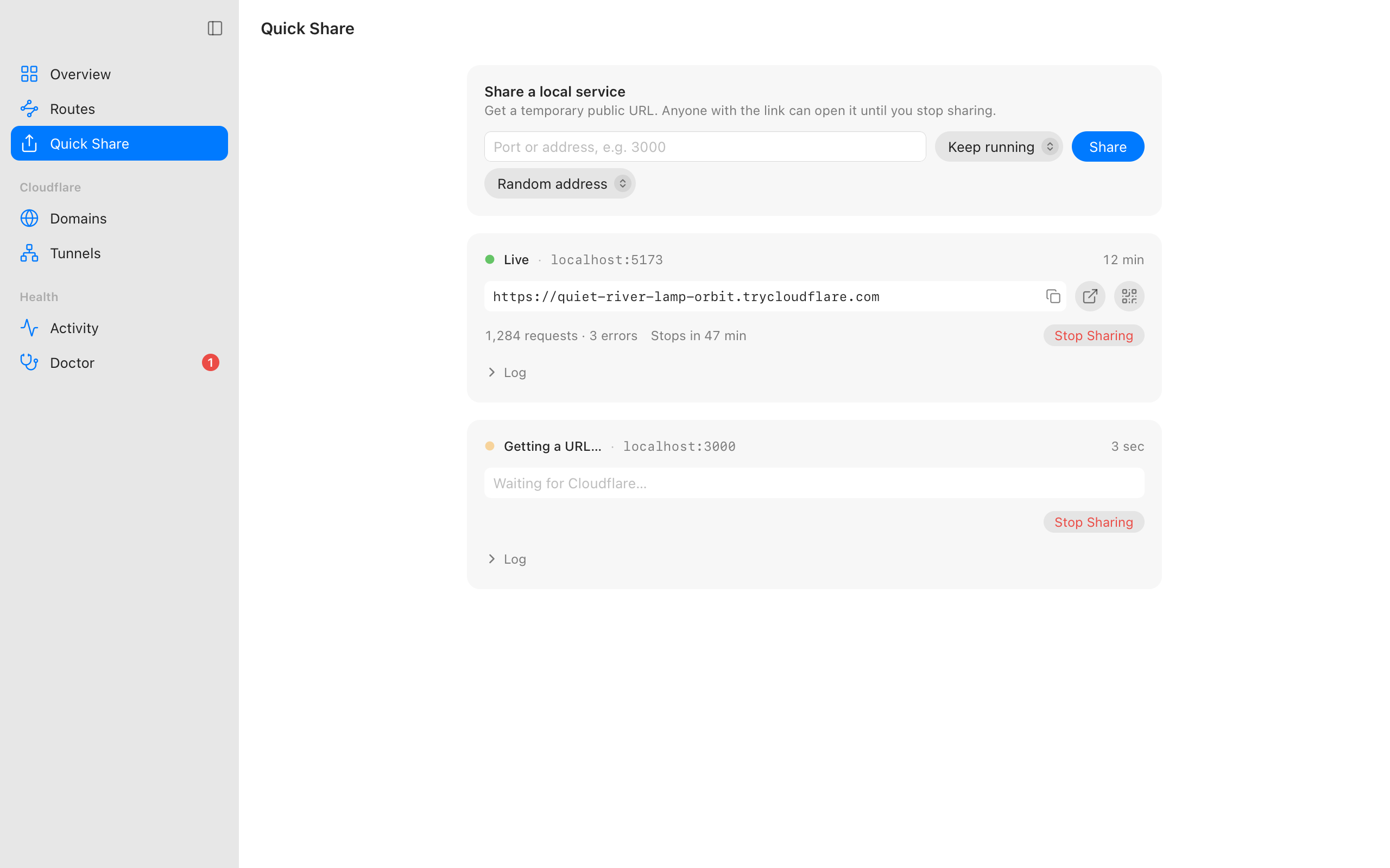 Quick Share with a live share and its URL