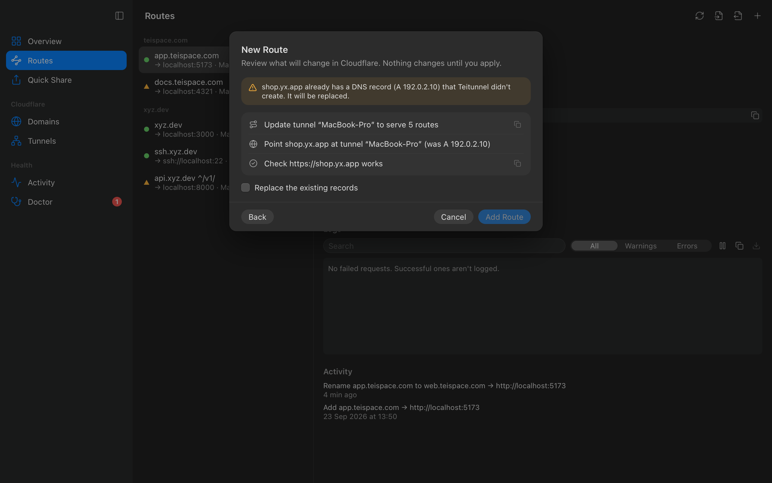 Reviewing a new route: every step, and a warning about a DNS record