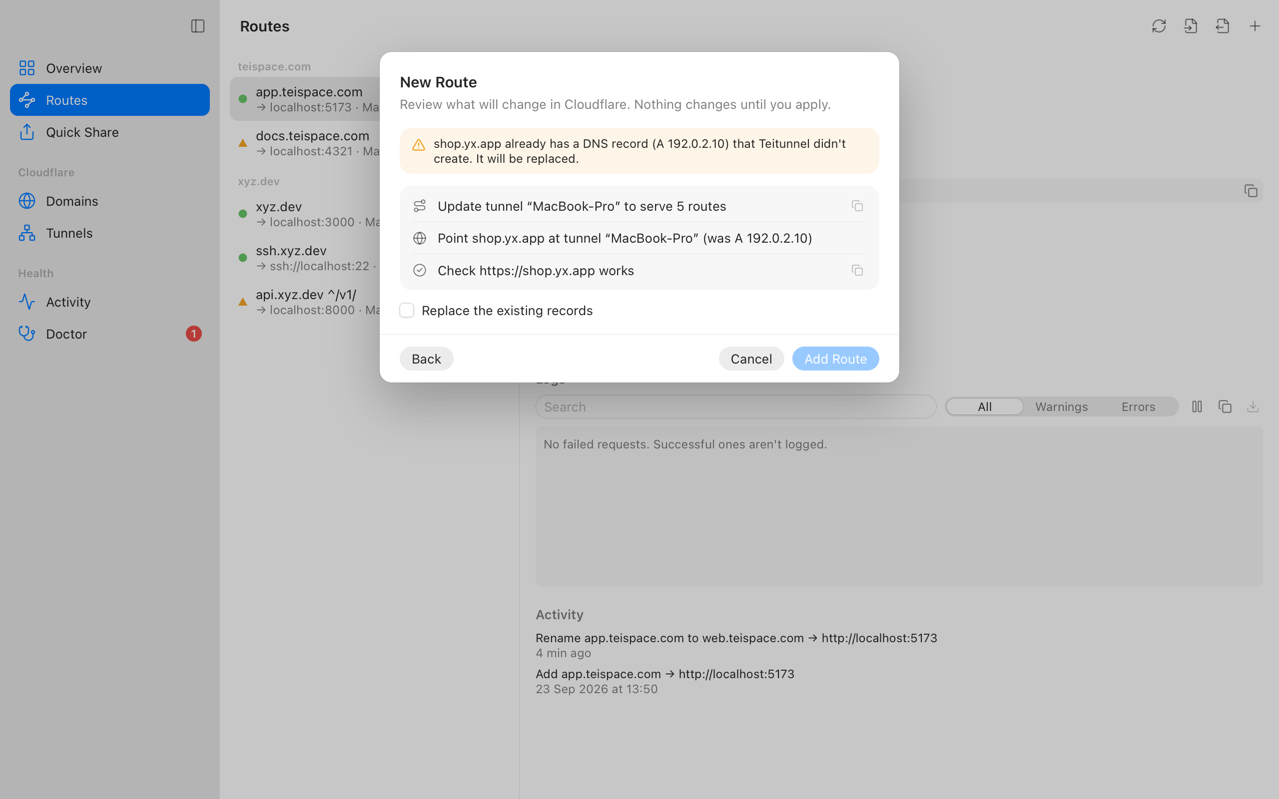 Reviewing a new route: every step, and a warning about a DNS record