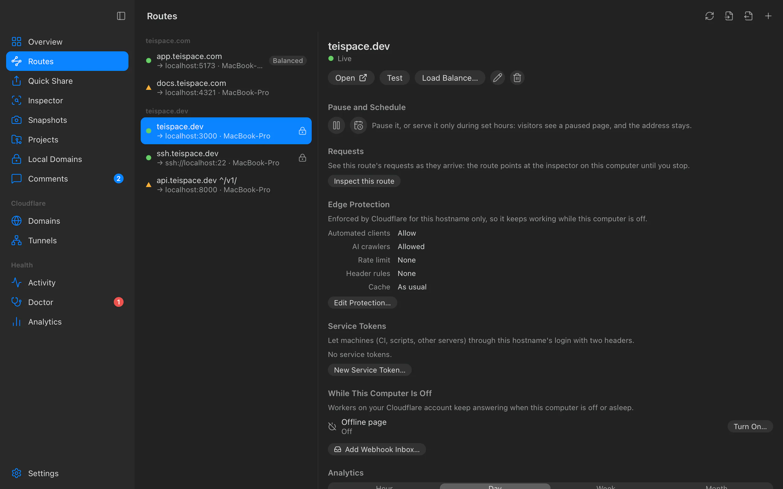 A route in Routes: Pause and Schedule, above its requests, edge protection and offline page