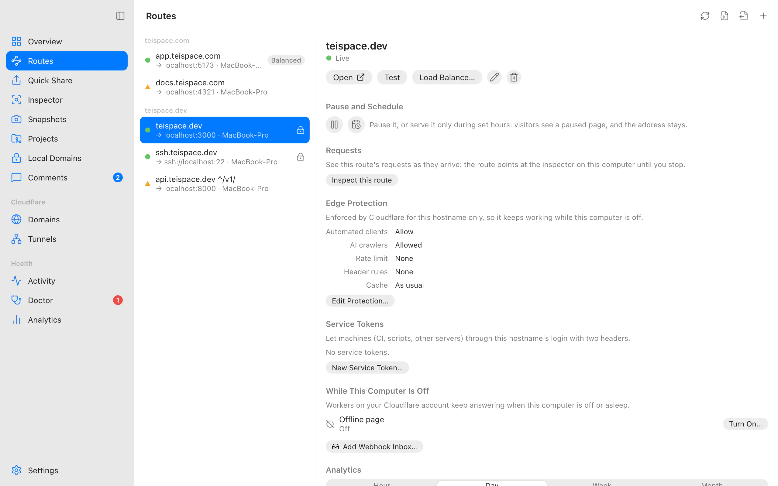 A route in Routes: Pause and Schedule, above its requests, edge protection and offline page