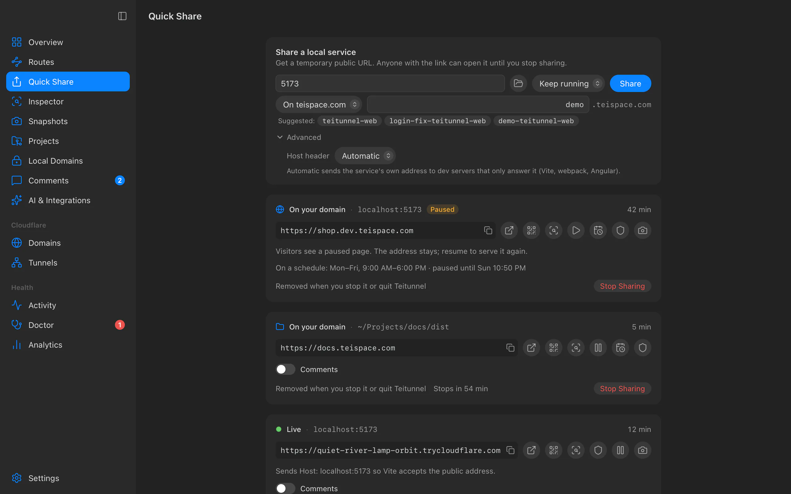 Quick Share with the Address menu set to a domain, the subdomain demo typed in, suggested names from the project and the Host header option under Advanced