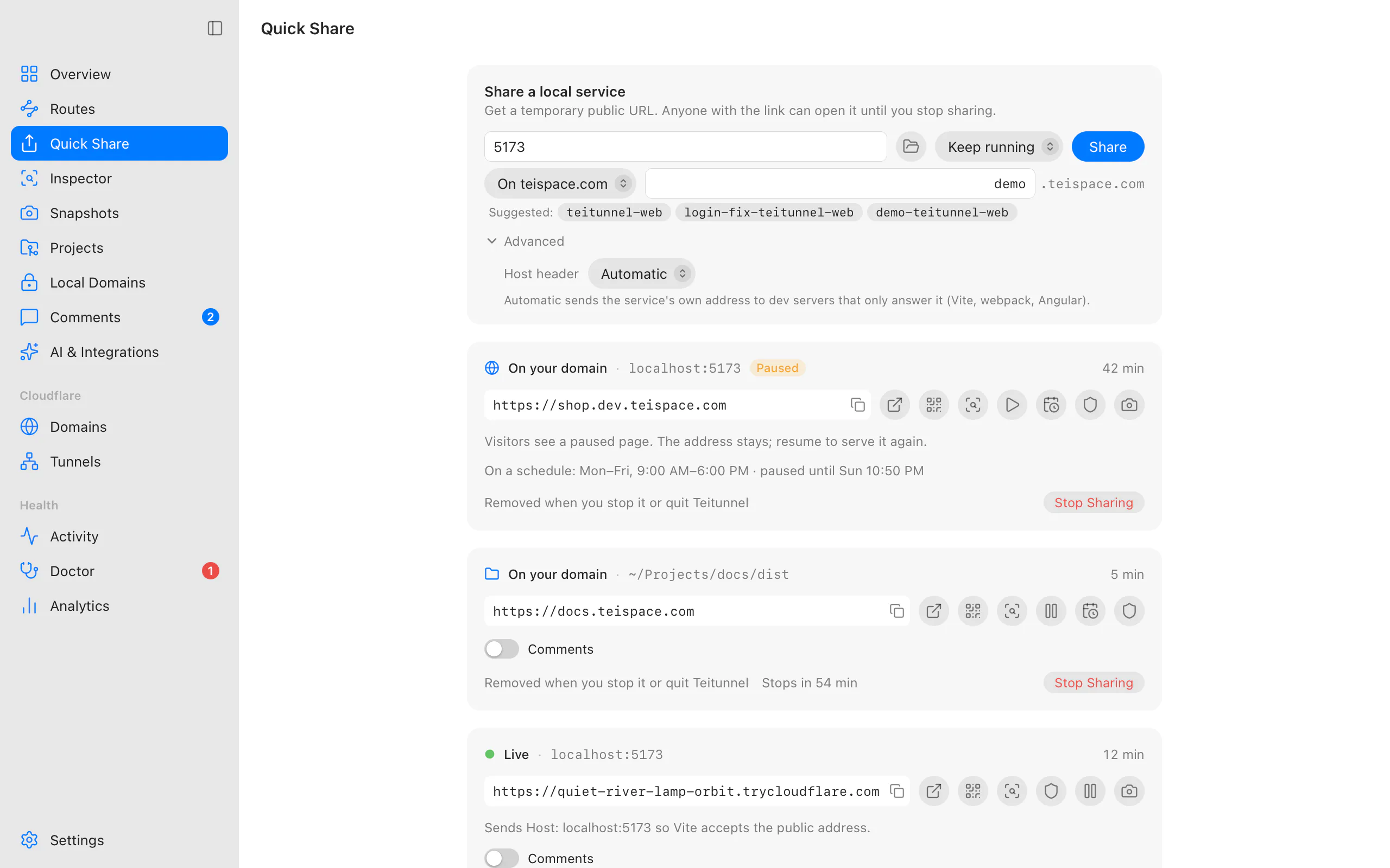 Quick Share with the Address menu set to a domain, the subdomain demo typed in, suggested names from the project and the Host header option under Advanced
