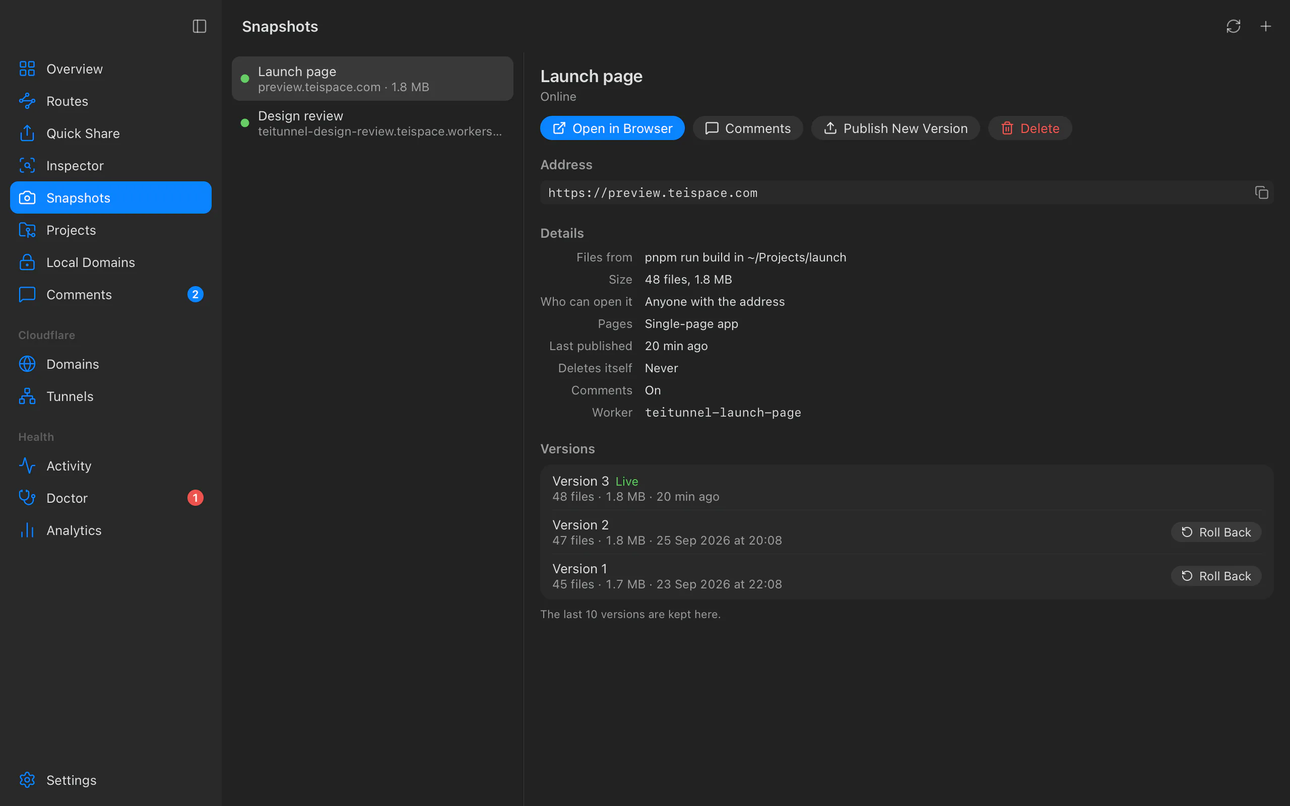 Snapshots: a Launch page Snapshot at preview.teispace.com with its address, who can open it, comments on, and three versions with Roll Back