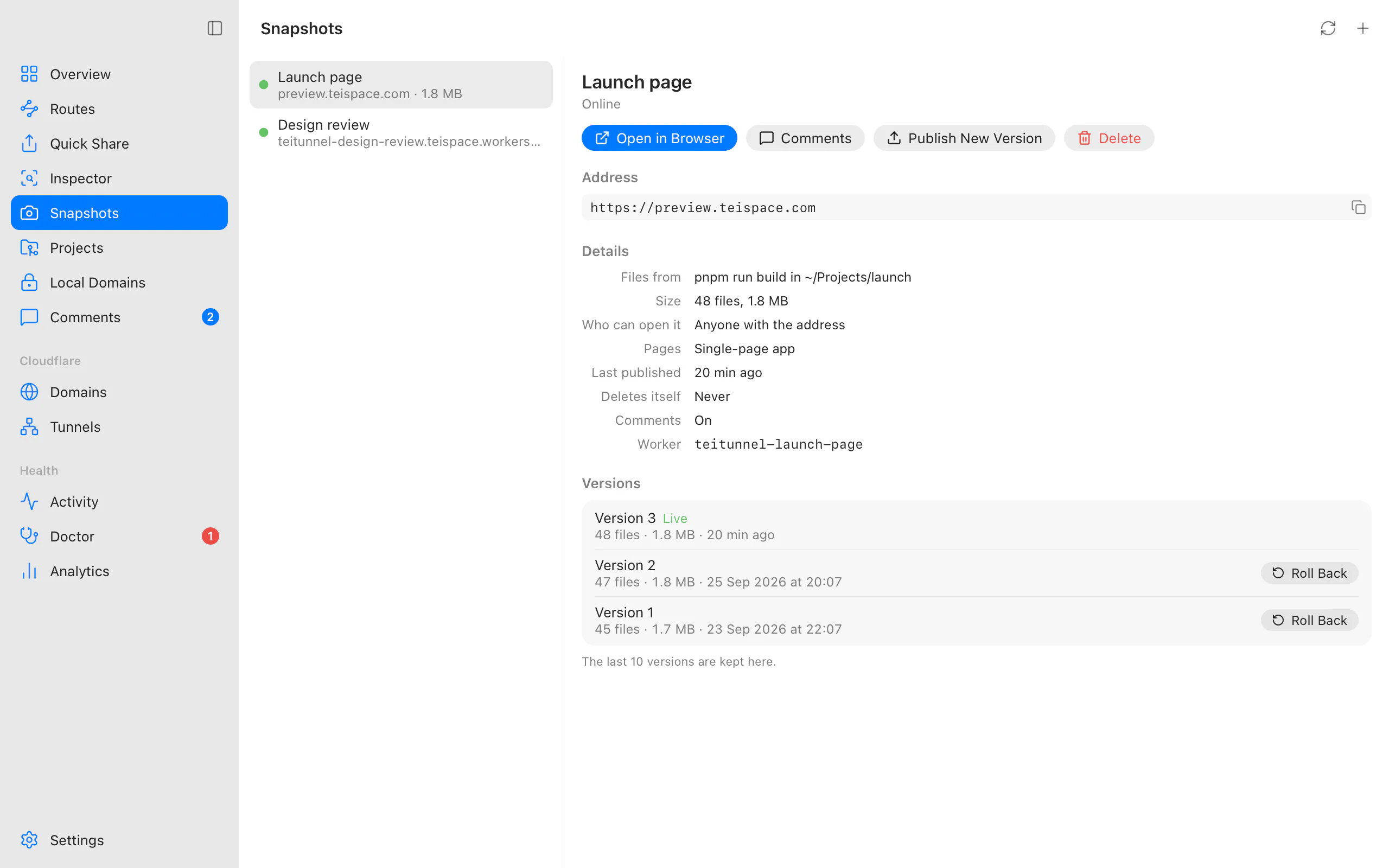 Snapshots: a Launch page Snapshot at preview.teispace.com with its address, who can open it, comments on, and three versions with Roll Back